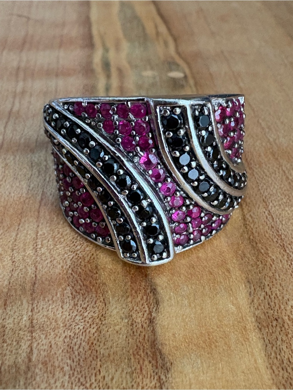 925 Sterling Silver Rhodium Pink & Black CZ & Pave Statement Ring size 7